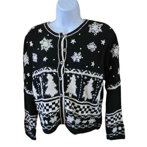Black & White Snowflake Pattern Cardigan Sweater With Christmas Trees cozy warm - Picture 1 of 12